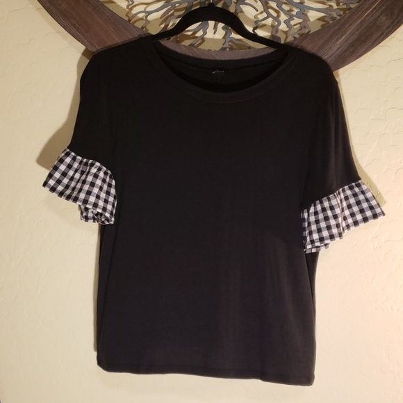 This & More Tops - Black Top w/ Gingham Bell Sleeves This & More Tops - Black Top w/ Gingham Bell Sleeves